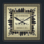 Art Deco Wedding Champagne Gold Gatsby Glamour Square Wall Clock<br><div class="desc">Create your very own Art Deco-style,  Great Gatsby-inspired design featuring a cityscape with greek key pattern frame in elegant champagne gold and black. Replace the sample text with your own for a personalized gift. Makes a wonderful gift for wedding,  anniversary,  birthday,  Father’s Day,  promotion,  retirement and other special occasions.</div>