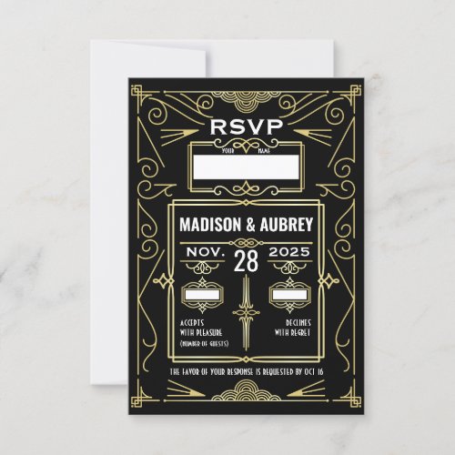 Art Deco Wedding Classy Gold Black RSVP Response