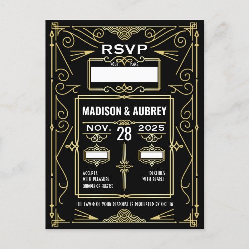 Art Deco Wedding Classy Gold Black RSVP Response Postcard
