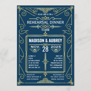 Art Deco Wedding Classy Gold Blue Rehearsal Dinner Invitation