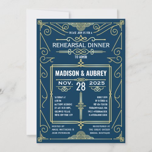 Art Deco Wedding Classy Gold Blue Rehearsal Dinner Invitation