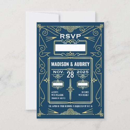 Art Deco Wedding Classy Gold Blue RSVP Response