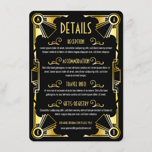 Art Deco Wedding Details Directions Map Gold Black Enclosure Card