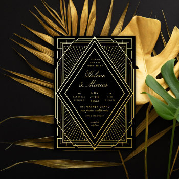 Art Deco Wedding Diamond Black And Gold Foil Invitation by beckynimoy at Zazzle