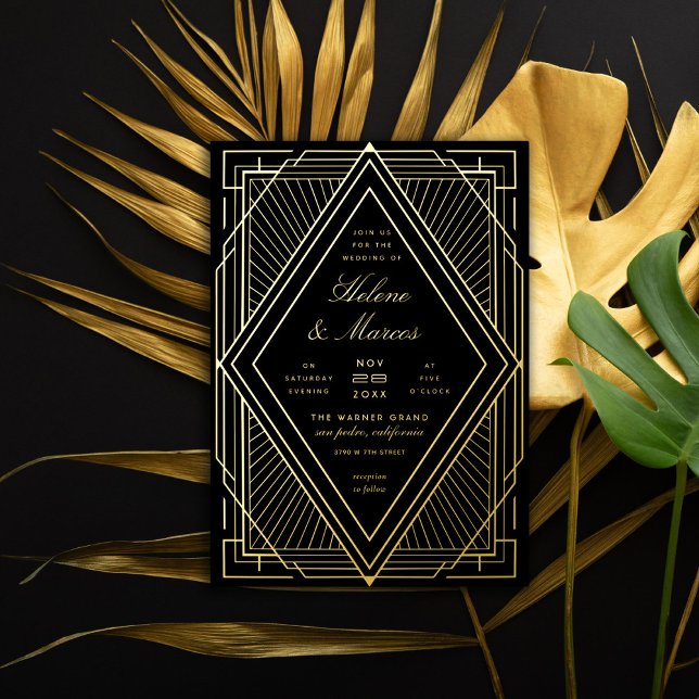 Art Deco Wedding Diamond Black and Gold Foil Invitation (Creator Uploaded)