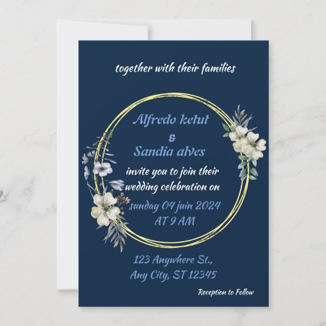 Art Deco Wedding Diamond bleu and Gold Foil floral Invitation (Front)
