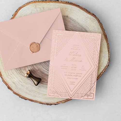 Art Deco Wedding Diamond Blush Rose Gold Foil Invitation