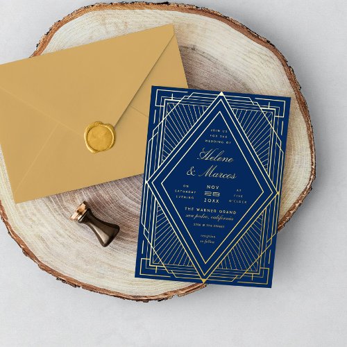 Art Deco Wedding Diamond Navy and Gold Foil Invitation