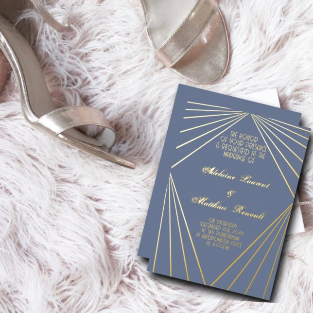 Art Deco Wedding Dusty Blue and Gold  Foil Invitation (Creator Uploaded)