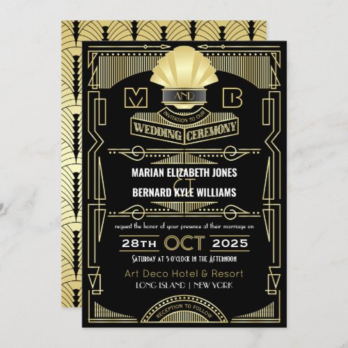 Art Deco Wedding Elegant Gold Black Great Gatsby Invitation