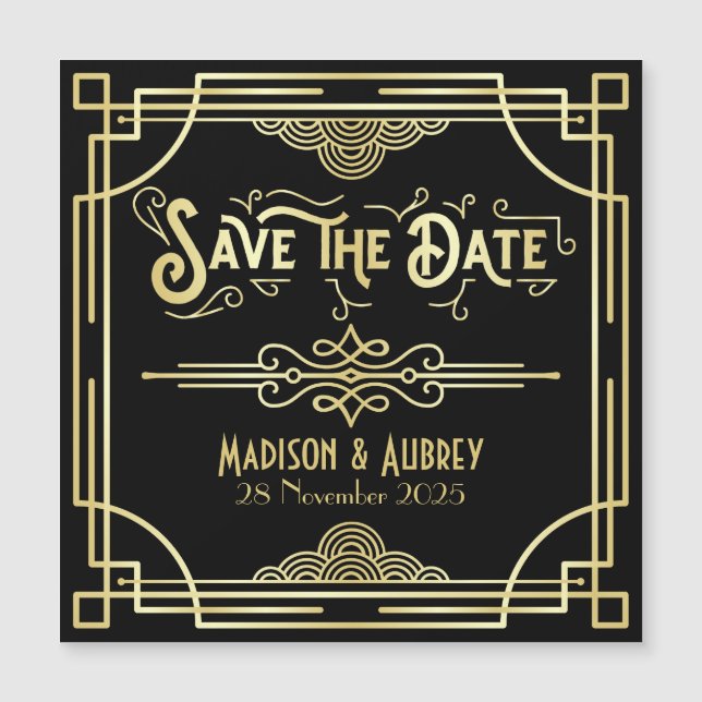 Art Deco Wedding Elegant Gold Black Save the Date (Front)