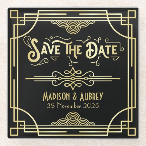 Art Deco Wedding Elegant Gold Black Save the Date Glass Coaster