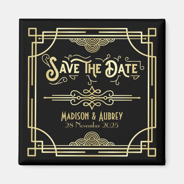 Art Deco Wedding Elegant Gold Black Save the Date Magnet (Front)
