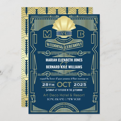 Art Deco Wedding Elegant Gold Blue Great Gatsby Invitation