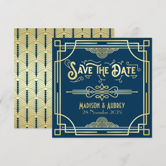 Art Deco Wedding Elegant Gold Blue Great Gatsby Save The Date (Front/Back)
