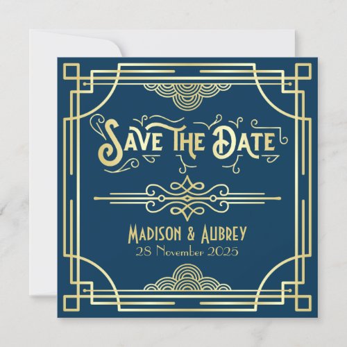 Art Deco Wedding Elegant Gold Blue Great Gatsby Save The Date