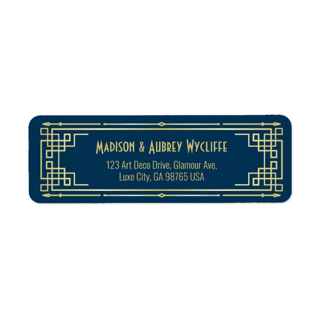 Art Deco Wedding Elegant Gold Blue Return Address Label (Front)
