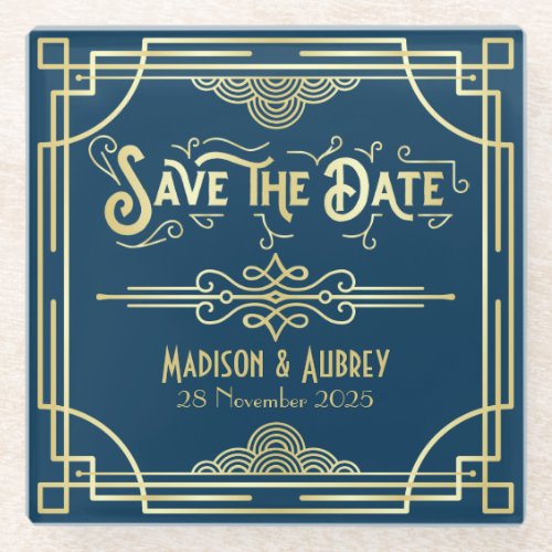 Art Deco Wedding Elegant Gold Blue Save the Date Glass Coaster