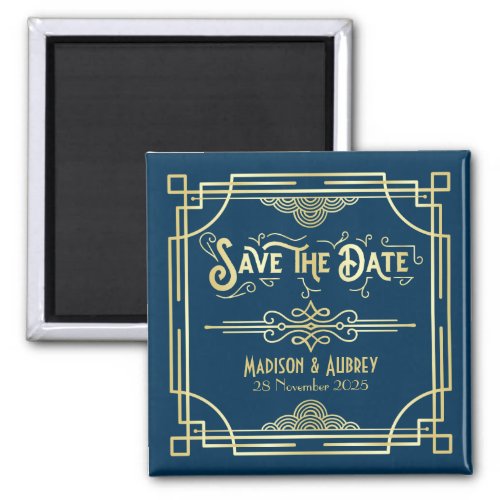 Art Deco Wedding Elegant Gold Blue Save the Date Magnet