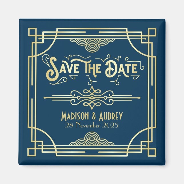 Art Deco Wedding Elegant Gold Blue Save the Date Magnet (Front)
