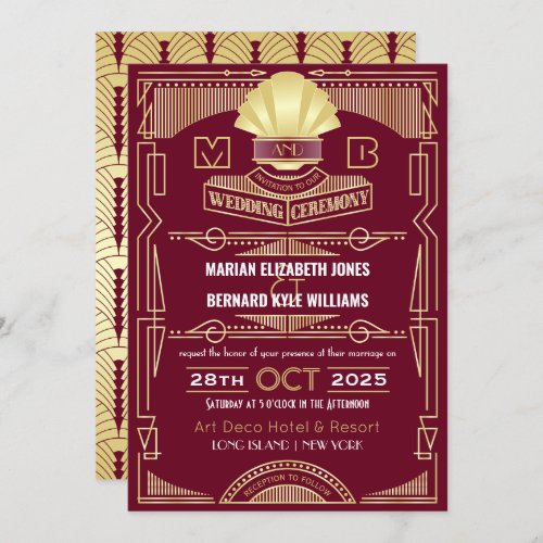 Art Deco Wedding Elegant Gold Burgundy Gatsby Invitation