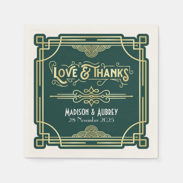 Art Deco Wedding Elegant Gold Green Gatsby Napkins (Front)