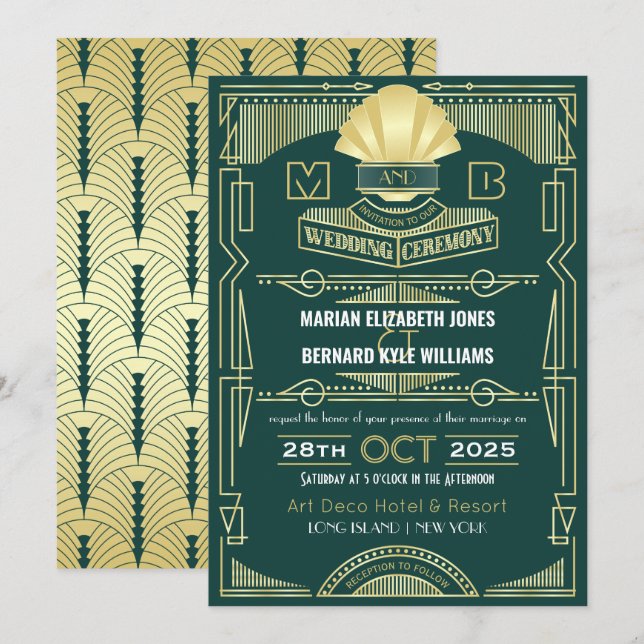 Art Deco Wedding Elegant Gold Green Great Gatsby Invitation (Front/Back)