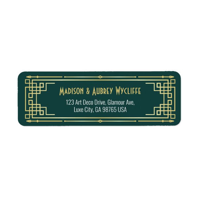Art Deco Wedding Elegant Gold Green Return Address Label (Front)