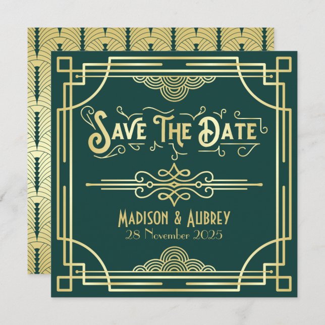 Art Deco Wedding Elegant Gold Green  Save The Date (Front/Back)