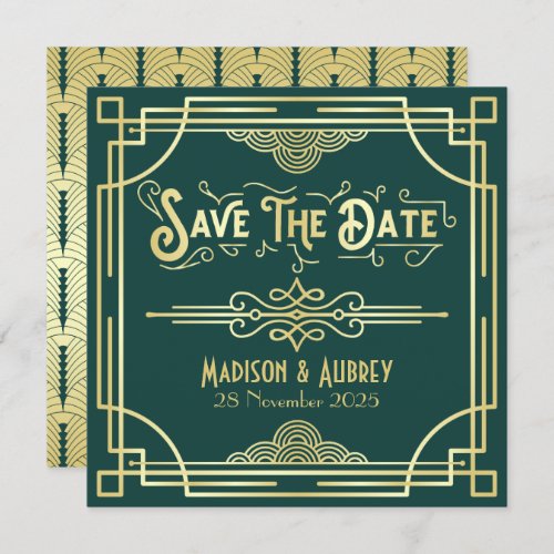 Art Deco Wedding Elegant Gold Green  Save The Date