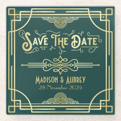 Art Deco Wedding Elegant Gold Green Save the Date Glass Coaster