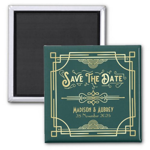 Art Deco Wedding Elegant Gold Green Save the Date Magnet