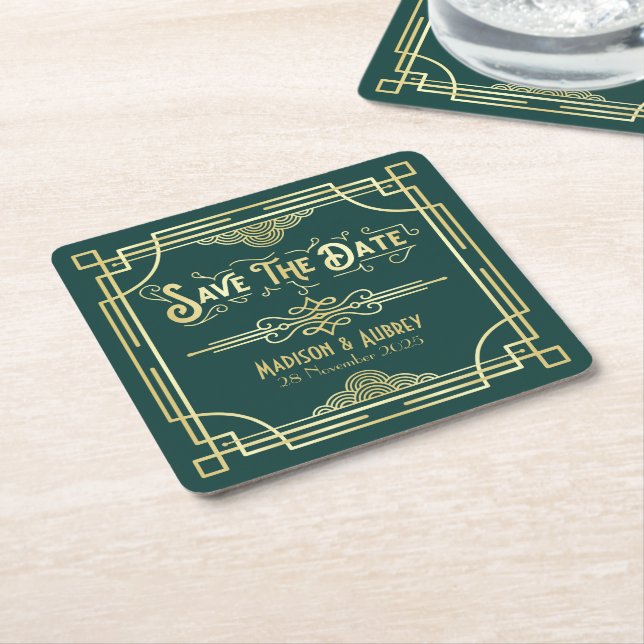Art Deco Wedding Elegant Gold Green Save the Date Square Paper Coaster (Angled)