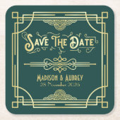 Art Deco Wedding Elegant Gold Green Save the Date Square Paper Coaster (Front)