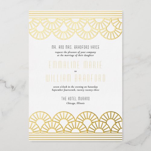 Art Deco Wedding Fan White Gold Foil Invitation