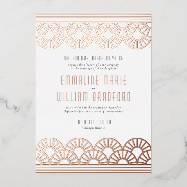 Art Deco Wedding Fan White Rose Gold Foil Invitation (Front)