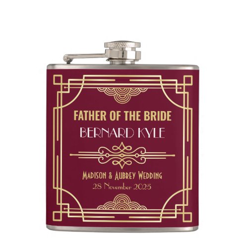 Art Deco Wedding Father of the Bride Gold Burgundy Flask