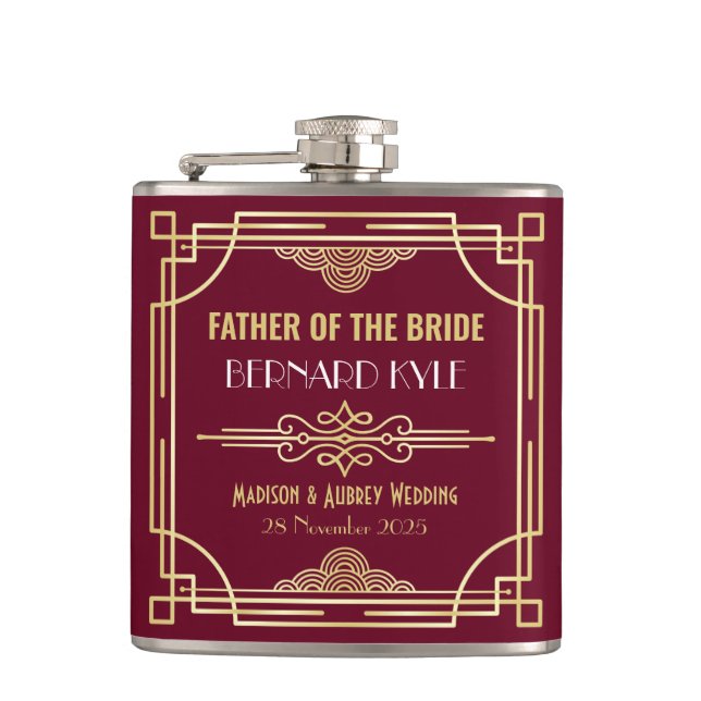 Art Deco Wedding Father of the Bride Gold Burgundy Flask (Front)