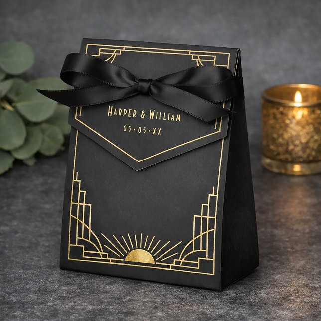 Art deco wedding favor bag boxes (Art deco black and faux gold with a celestial sunburst
 theme)