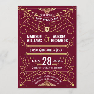 Art Deco Wedding Gatsby Elegant Gold Burgundy Invitation