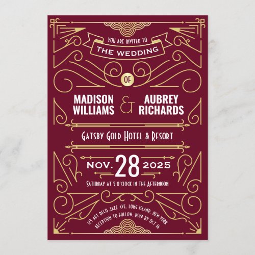 Art Deco Wedding Gatsby Elegant Gold Burgundy Invitation