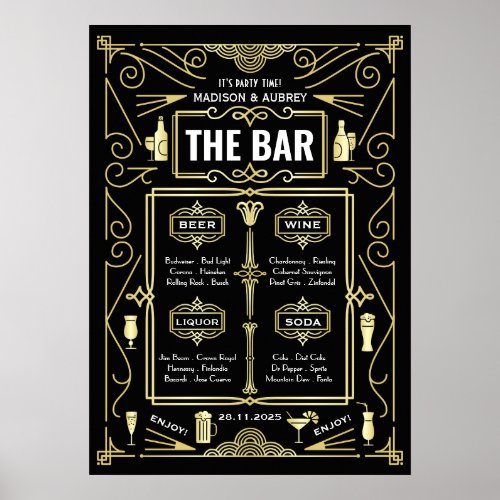 Art Deco Wedding Gold Black Great Gatsby Bar Menu Poster