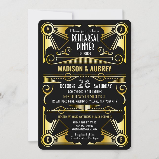 Art Deco Wedding Gold & Black Rehearsal Dinner Invitation (Front)