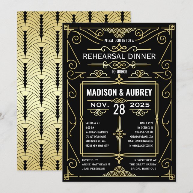 Art Deco Wedding Gold Black Rehearsal Dinner Invitation (Front/Back)