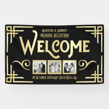 Art Deco Wedding Gold Black Three Photo Welcome Banner by BCVintageLove at Zazzle