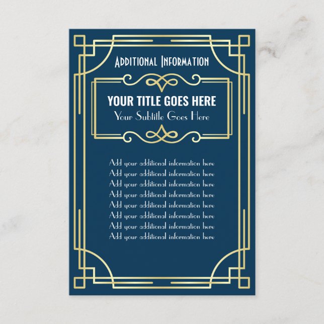 Art Deco Wedding Gold Blue Additional Info Enclosure Card (Front)
