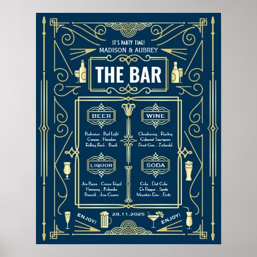 Art Deco Wedding Gold Blue Open Bar Party Menu Poster