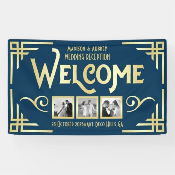 Art Deco Wedding Gold Blue Three Photo Welcome Banner by BCVintageLove at Zazzle
