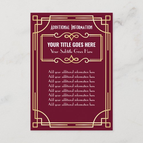 Art Deco Wedding Gold Burgundy Additional Info Enclosure Card