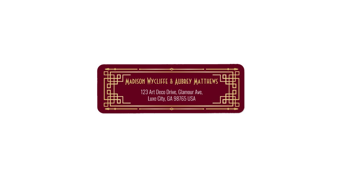 Art Deco Wedding Gold Burgundy Mail Return Address Label | Zazzle